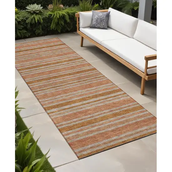 Beige and Orange Striped Washable Indoor Outdoor Runner Rug Photo 1