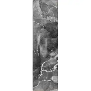 Photo of 8' Runner Black Gray and White Abstract Washable Non Skid Indoor Outdoor Runner Rug