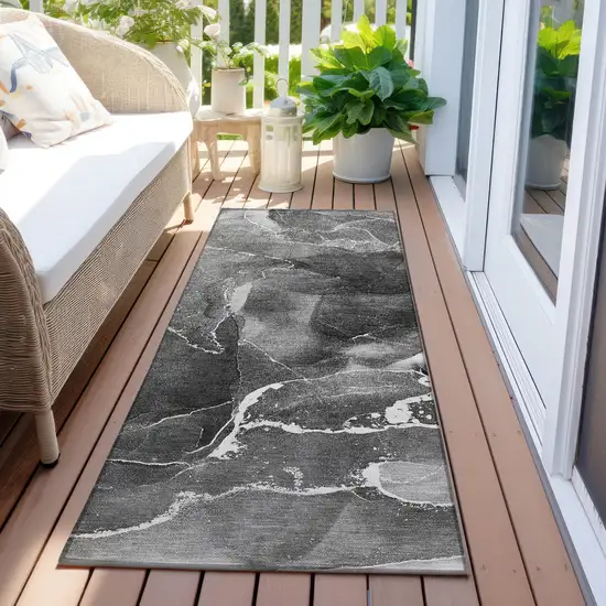 8' Runner Black Gray and White Abstract Washable Non Skid Indoor Outdoor Runner Rug Photo 8