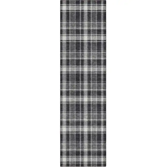 Black Gray and White Plaid Washable Non Skid Indoor Outdoor Runner Rug Photo 2