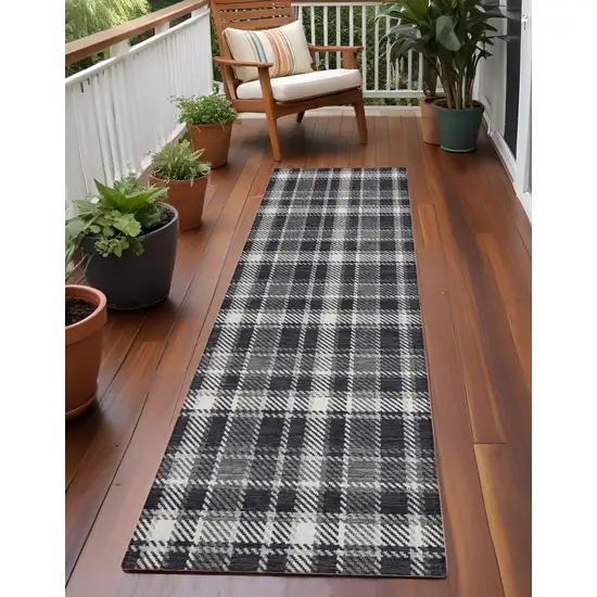 Black Gray and White Plaid Washable Non Skid Indoor Outdoor Runner Rug Photo 1