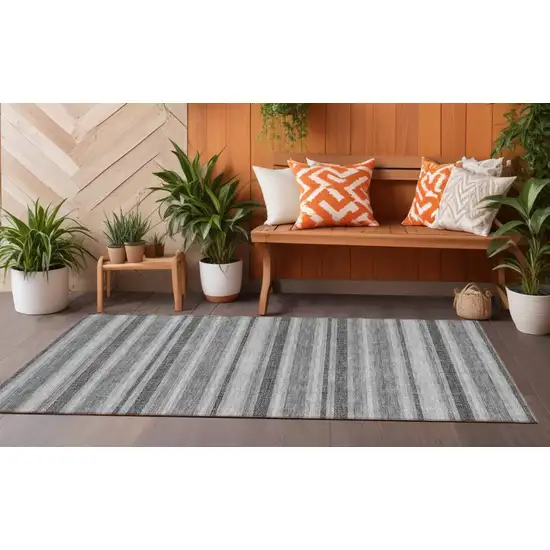 Black Silver and Gray Striped Washable Indoor Outdoor Runner Rug Photo 1