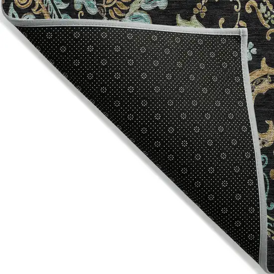 8' Runner Black and Gold Paisley Washable Non Skid Indoor Outdoor Runner Rug Photo 4