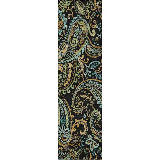 8' Runner Black and Gold Paisley Washable Non Skid Indoor Outdoor Runner Rug Photo 2