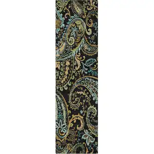 Photo of 8' Runner Black and Gold Paisley Washable Non Skid Indoor Outdoor Runner Rug