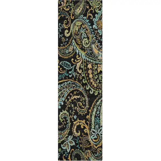 8' Runner Black and Gold Paisley Washable Non Skid Indoor Outdoor Runner Rug Photo 1