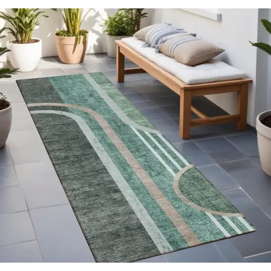 Black and Green Abstract Washable Indoor Outdoor Runner Rug Photo 1