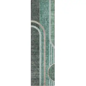 Photo of 8' Runner Black and Green Abstract Washable Non Skid Indoor Outdoor Runner Rug