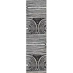 Photo of 8' Runner Black and White Abstract Washable Non Skid Indoor Outdoor Runner Rug