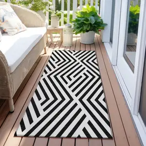 Photo of 8' Runner Black and White Geometric Washable Non Skid Indoor Outdoor Runner Rug