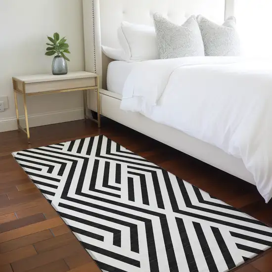 Black and White Geometric Washable Non Skid Indoor Outdoor Runner Rug Photo 9