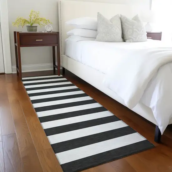 8' Runner Black and White Striped Washable Non Skid Indoor Outdoor Runner Rug Photo 9