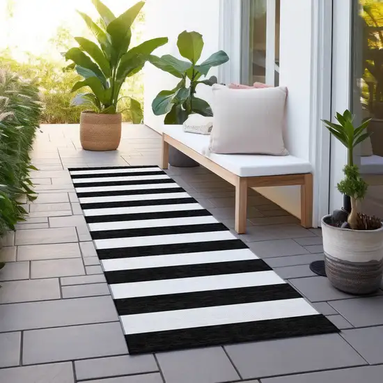 8' Runner Black and White Striped Washable Non Skid Indoor Outdoor Runner Rug Photo 8