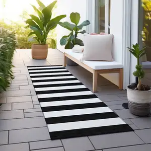 Photo of 8' Runner Black and White Striped Washable Non Skid Indoor Outdoor Runner Rug