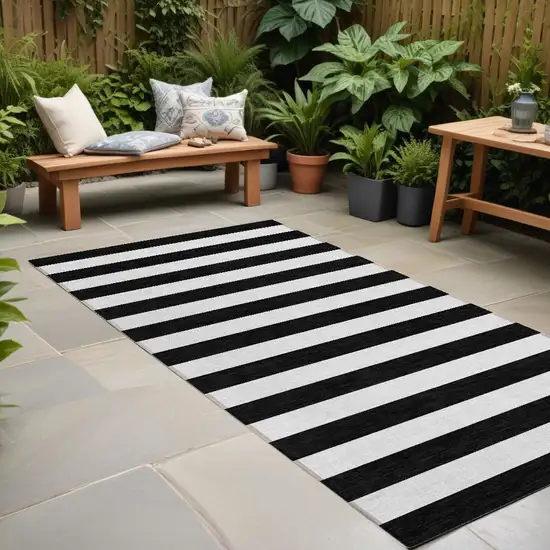 8' Runner Black and White Striped Washable Non Skid Indoor Outdoor Runner Rug Photo 1