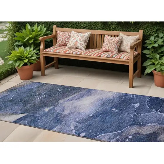 8' Runner Blue Abstract Washable Non Skid Indoor Outdoor Runner Rug Photo 1