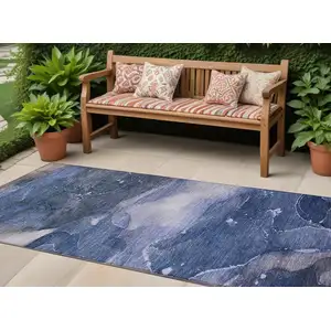 Photo of 8' Runner Blue Abstract Washable Non Skid Indoor Outdoor Runner Rug