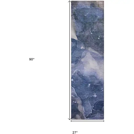 8' Runner Blue Abstract Washable Non Skid Indoor Outdoor Runner Rug Photo 3