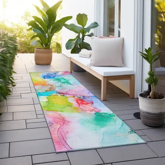 8' Runner Blue Abstract Washable Non Skid Indoor Outdoor Runner Rug Photo 9