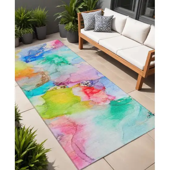 8' Runner Blue Abstract Washable Non Skid Indoor Outdoor Runner Rug Photo 1