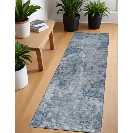 8' Runner Blue Abstract Washable Non Skid Indoor Outdoor Runner Rug Photo 1