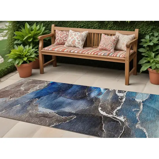 Blue Abstract Washable Non Skid Indoor Outdoor Runner Rug Photo 1