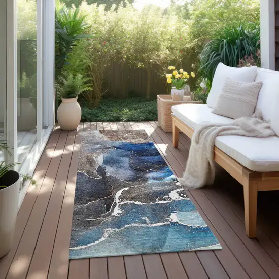 Blue Abstract Washable Non Skid Indoor Outdoor Runner Rug Photo 8