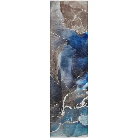 Blue Abstract Washable Non Skid Indoor Outdoor Runner Rug Photo 2