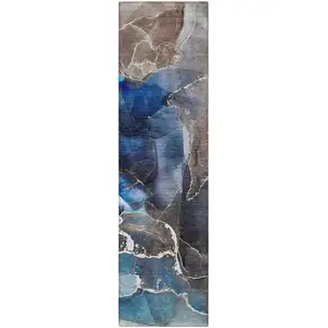 Photo of 8' Runner Blue Abstract Washable Non Skid Indoor Outdoor Runner Rug