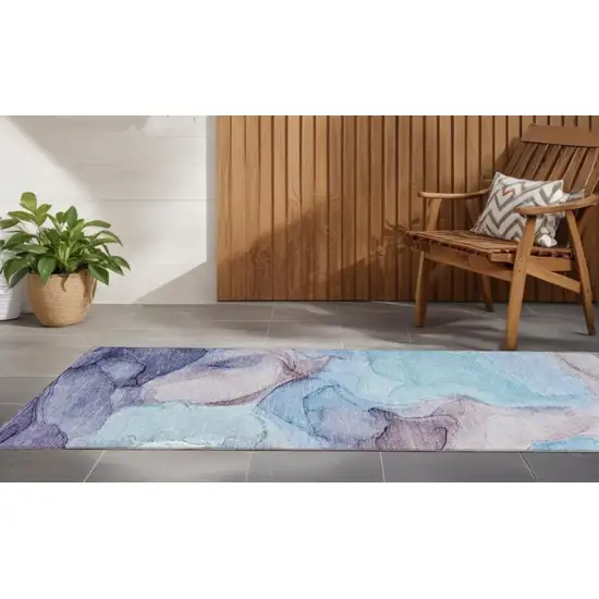 Blue Abstract Washable Non Skid Indoor Outdoor Runner Rug Photo 1