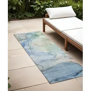 Photo of 8' Runner Blue Abstract Washable Non Skid Indoor Outdoor Runner Rug