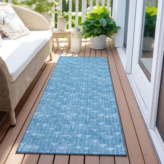 8' Runner Blue Geometric Washable Non Skid Indoor Outdoor Runner Rug Photo 7