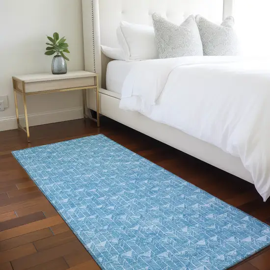 Blue Geometric Washable Non Skid Indoor Outdoor Runner Rug Photo 8