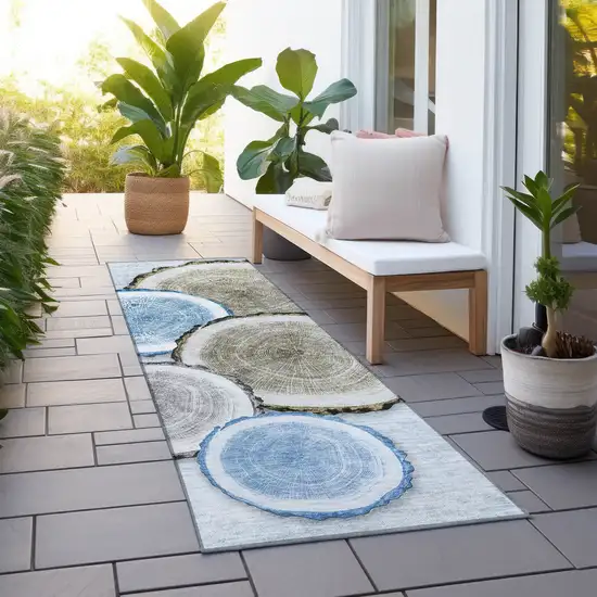 8' Runner Blue Gold and Gray Faux Bois Washable Non Skid Indoor Outdoor Runner Rug Photo 7