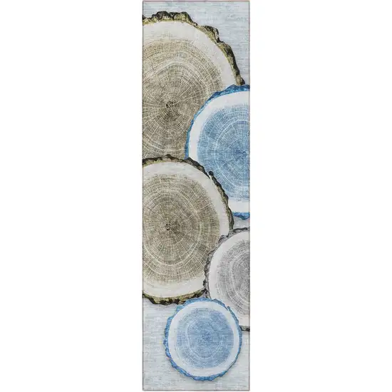 8' Runner Blue Gold and Gray Faux Bois Washable Non Skid Indoor Outdoor Runner Rug Photo 3