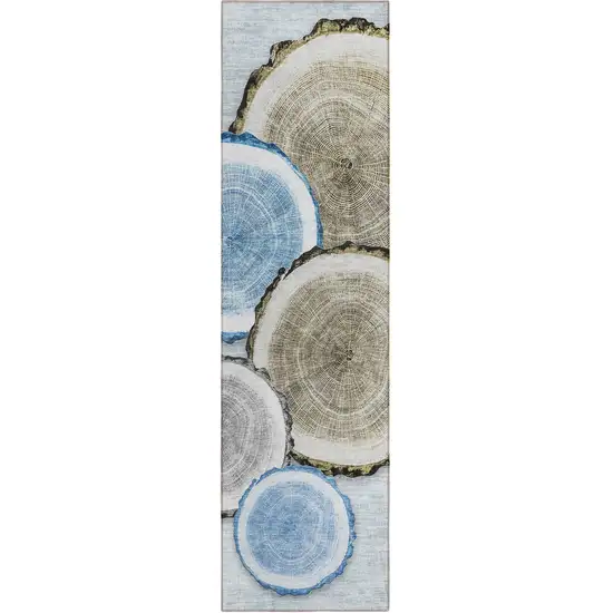 8' Runner Blue Gold and Gray Faux Bois Washable Non Skid Indoor Outdoor Runner Rug Photo 1