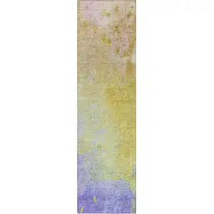 Photo of 8' Runner Blue Gold and Wheat Abstract Washable Non Skid Indoor Outdoor Runner Rug