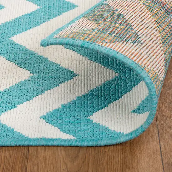 8' Runner Blue-Green/Cream Chevron Stain Resistant Indoor Outdoor Runner Rug Photo 3