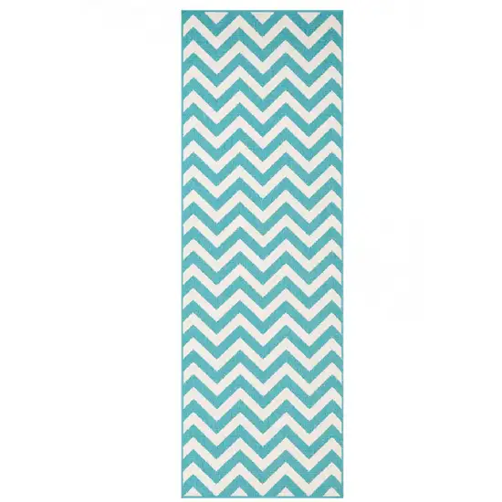 8' Runner Blue-Green/Cream Chevron Stain Resistant Indoor Outdoor Runner Rug Photo 1