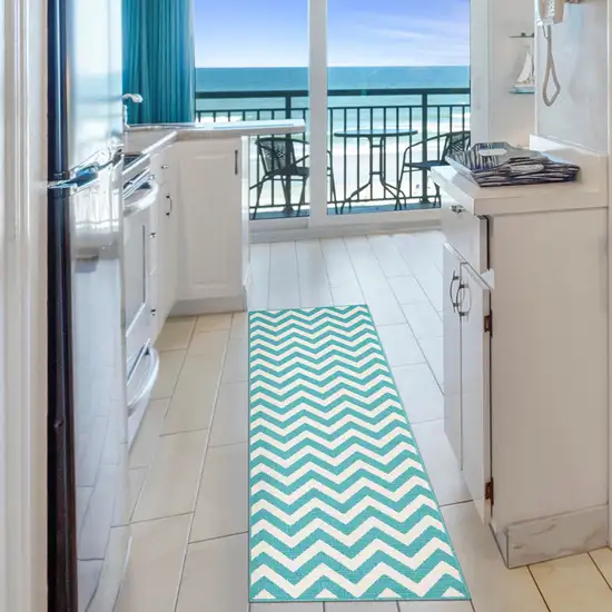 8' Runner Blue-Green/Cream Chevron Stain Resistant Indoor Outdoor Runner Rug Photo 5