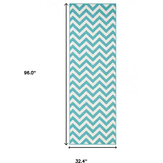 8' Runner Blue-Green/Cream Chevron Stain Resistant Indoor Outdoor Runner Rug Photo 6