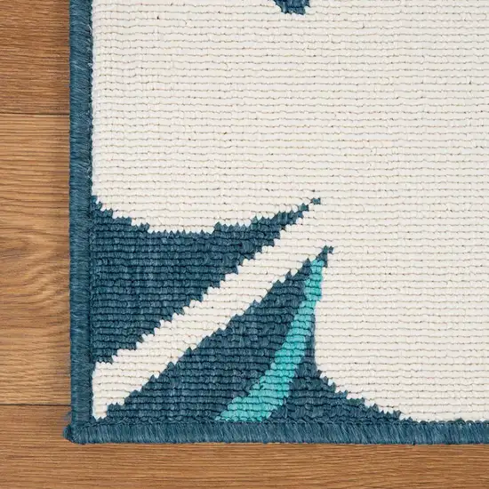 8' Runner Blue Green Cream Geometric Stain Resistant Indoor Outdoor Runner Rug Photo 3