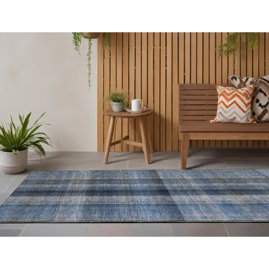 8' Runner Blue Plaid Washable Non Skid Indoor Outdoor Runner Rug Photo 1