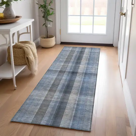 Blue Plaid Washable Non Skid Indoor Outdoor Runner Rug Photo 9