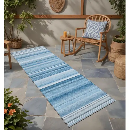 8' Runner Blue Striped Washable Non Skid Indoor Outdoor Runner Rug Photo 1