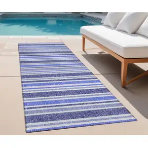 Photo of 8' Runner Blue Striped Washable Non Skid Indoor Outdoor Runner Rug