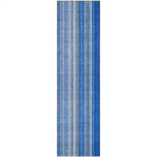 Blue Striped Washable Non Skid Indoor Outdoor Runner Rug Photo 5