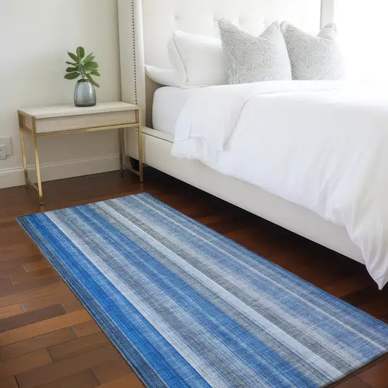 Blue Striped Washable Non Skid Indoor Outdoor Runner Rug Photo 9