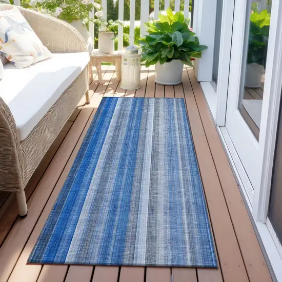 Blue Striped Washable Non Skid Indoor Outdoor Runner Rug Photo 8