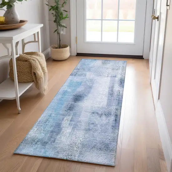 8' Runner Blue Washable Non Skid Indoor Outdoor Runner Rug Photo 8